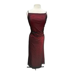 Y2K Mesh Overlay Maxi Dress Red Black Gothic Cowl Neck Ruching Large Vamp Witcy